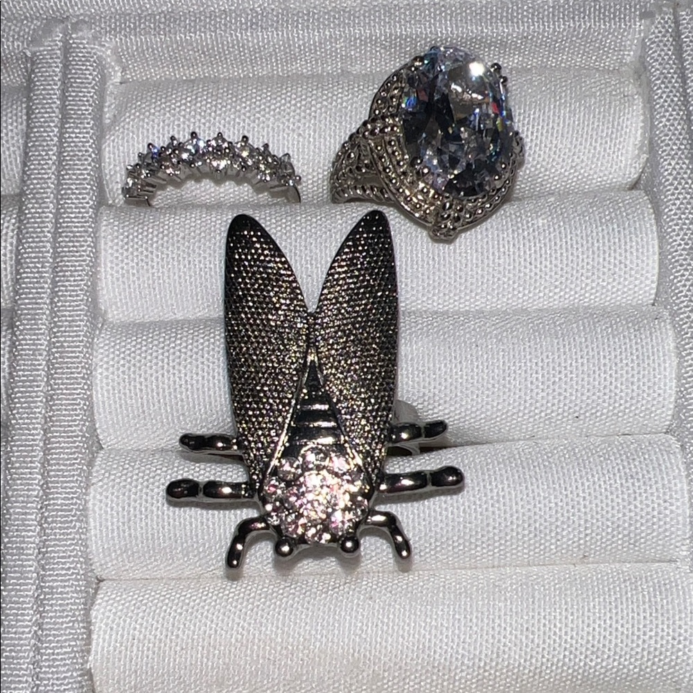 Silver Insect ring with Crystal Accent, large stone ring and cz band
